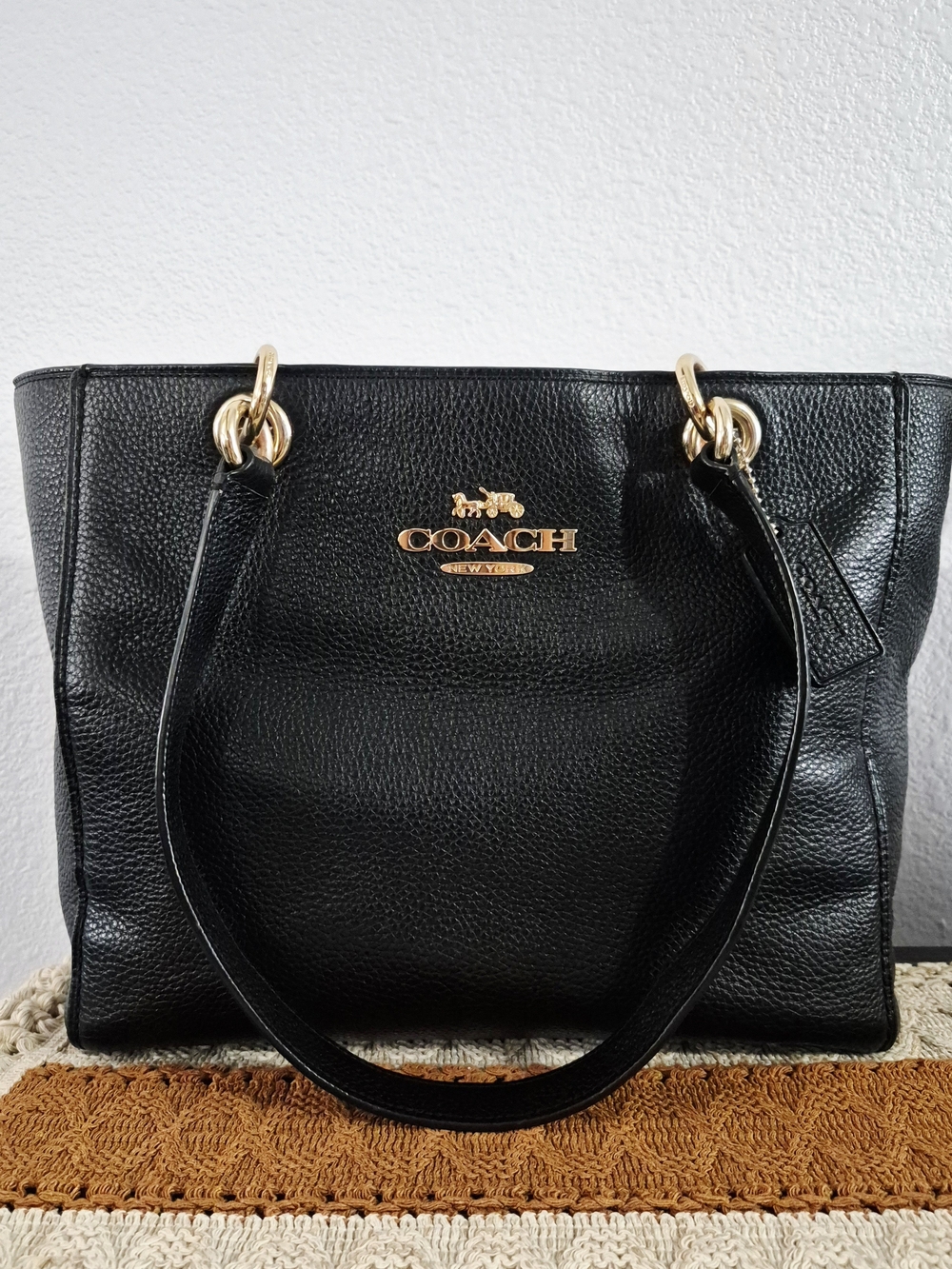 COACH Jes Black Pebbled Leather Tote Bag with Gold Hardware